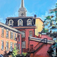 Long Purple Shadows, Church Street, a plein air oil painting by artist Francisco Silva