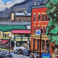 Long Purple Shadows, Church Street, a plein air oil painting by artist Francisco Silva